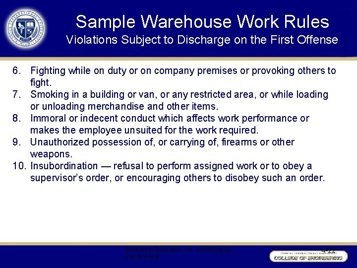 Sample Warehouse Work Rules Violations Subject to Discharge on the First Offense 6. Fighting