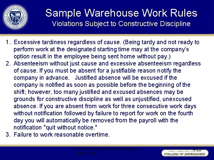 Sample Warehouse Work Rules Violations Subject to Constructive Discipline 1. Excessive tardiness regardless of