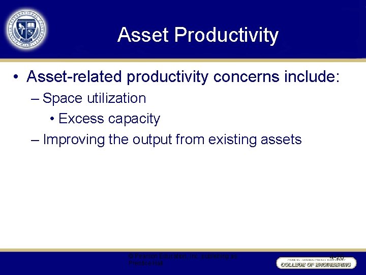 Asset Productivity • Asset-related productivity concerns include: – Space utilization • Excess capacity –