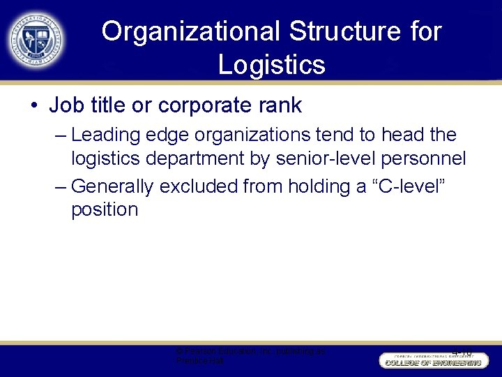 Organizational Structure for Logistics • Job title or corporate rank – Leading edge organizations
