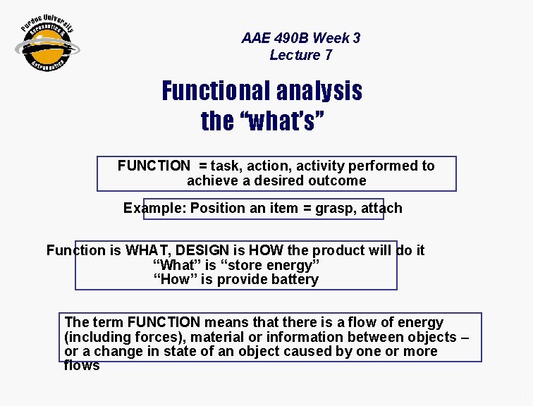 AAE 490 B Week 3 Lecture 7 Functional analysis the “what’s” FUNCTION = task,