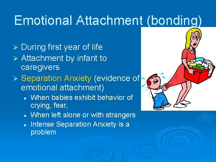 Emotional Attachment (bonding) During first year of life Ø Attachment by infant to caregivers