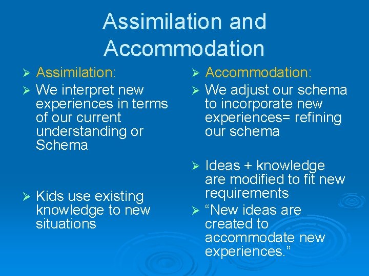 Assimilation and Accommodation Ø Ø Assimilation: We interpret new experiences in terms of our