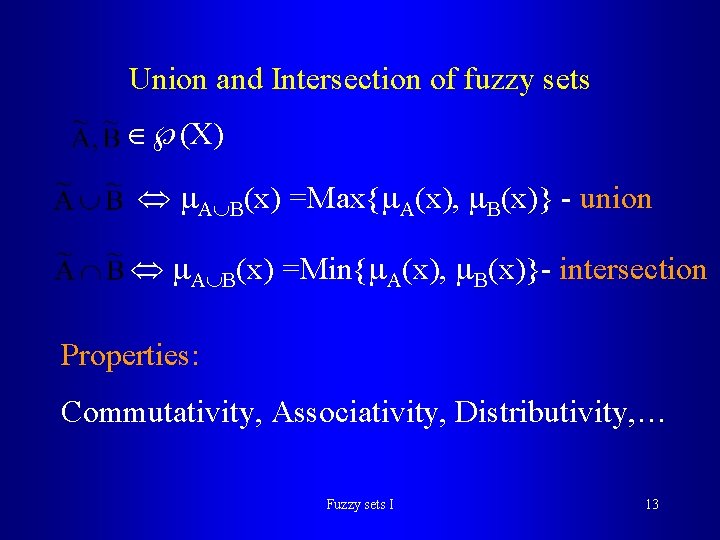 Union and Intersection of fuzzy sets (X) A B(x) =Max{ A(x), B(x)} - union Union and Intersection of fuzzy sets (X) A B(x) =Max{ A(x), B(x)} - union
