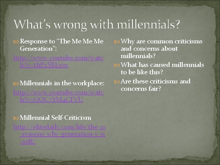 What’s wrong with millennials? Response to “The Me Me Me Generation”: http: //www. youtube.