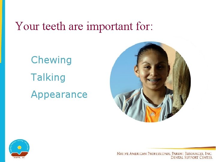 Your teeth are important for: Chewing Talking Appearance 