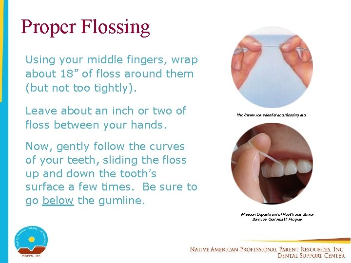 Proper Flossing Using your middle fingers, wrap about 18” of floss around them (but