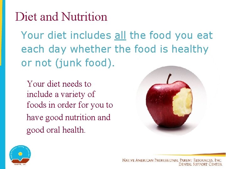 Diet and Nutrition Your diet includes all the food you eat each day whether