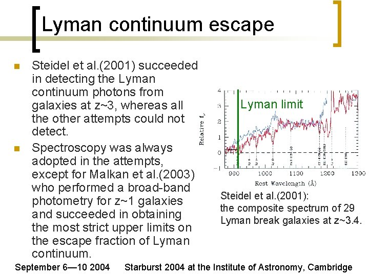 Lyman continuum escape n n Steidel et al. (2001) succeeded in detecting the Lyman