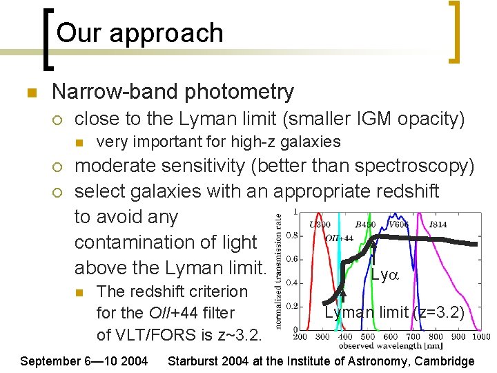 Our approach n Narrow-band photometry ¡ close to the Lyman limit (smaller IGM opacity)
