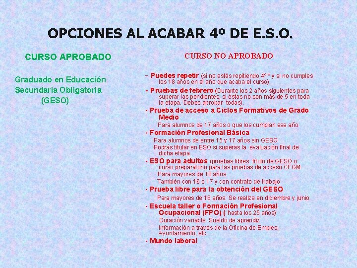 OPCIONES AL ACABAR 4º DE E. S. O. CURSO APROBADO Graduado en Educación Secundaria