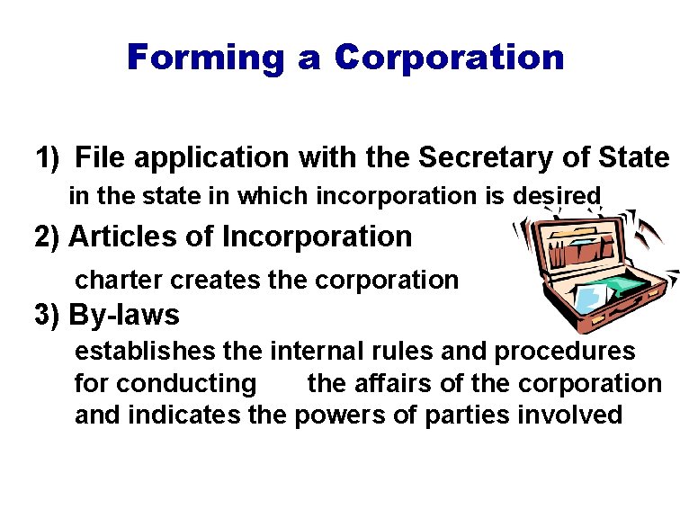 Forming a Corporation 1) File application with the Secretary of State in the state Forming a Corporation 1) File application with the Secretary of State in the state