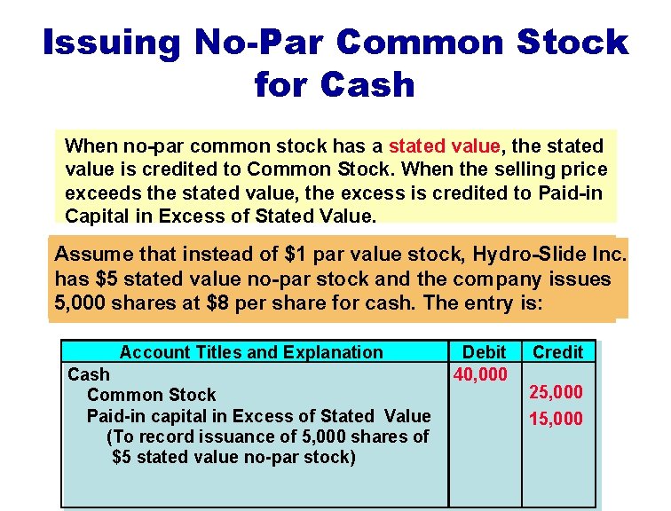 Issuing No-Par Common Stock for Cash When no-par common stock has a stated value,