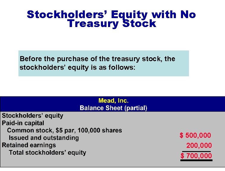 Stockholders’ Equity with No Treasury Stock Before the purchase of the treasury stock, the