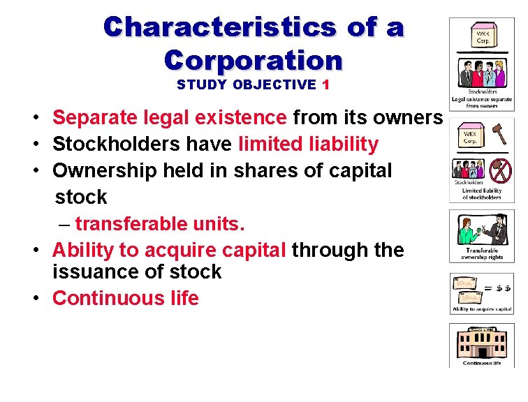 Characteristics of a Corporation STUDY OBJECTIVE 1 • Separate legal existence from its owners