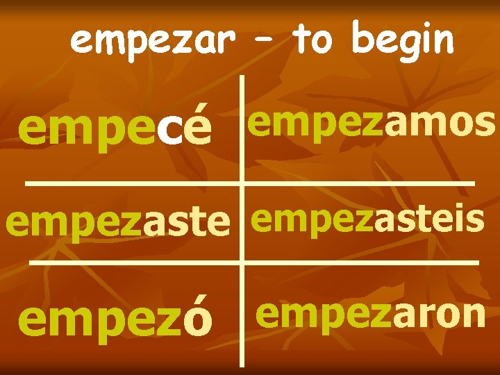 empezar – to begin empecé empezamos empezasteis empezó empezaron empezar – to begin empecé empezamos empezasteis empezó empezaron