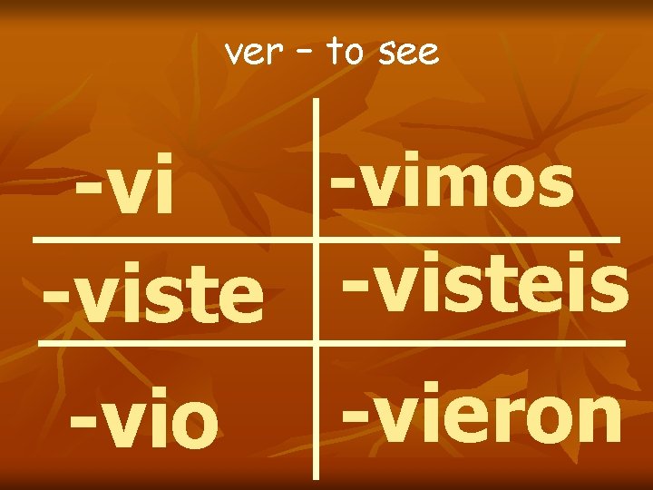 ver – to see -vimos -visteis -vio -vieron ver – to see -vimos -visteis -vio -vieron