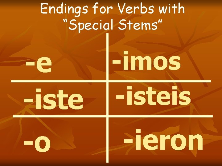 Endings for Verbs with “Special Stems” -e -iste -o -imos -isteis -ieron Endings for Verbs with “Special Stems” -e -iste -o -imos -isteis -ieron