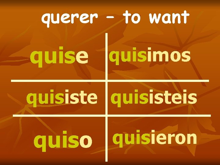 querer – to want quise quisimos quisisteis quiso quisieron querer – to want quise quisimos quisisteis quiso quisieron