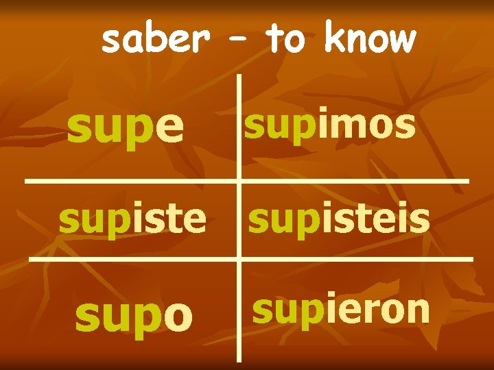 saber – to know supe supimos supisteis supo supieron saber – to know supe supimos supisteis supo supieron