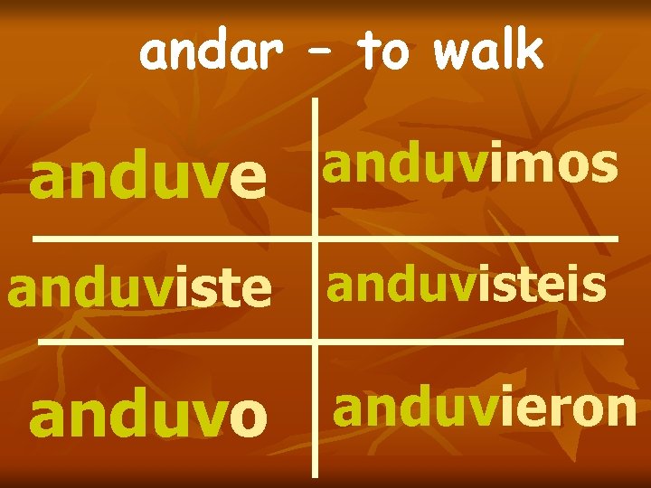 andar – to walk anduve anduvimos anduvisteis anduvo anduvieron andar – to walk anduve anduvimos anduvisteis anduvo anduvieron
