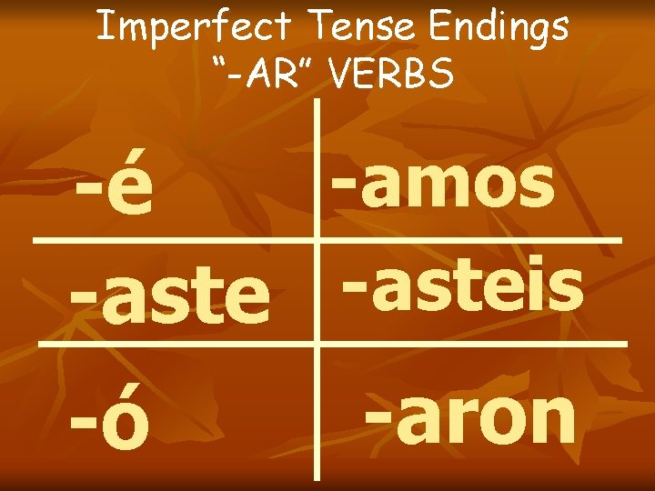 Imperfect Tense Endings “-AR” VERBS -amos -é -asteis -aron -ó Imperfect Tense Endings “-AR” VERBS -amos -é -asteis -aron -ó