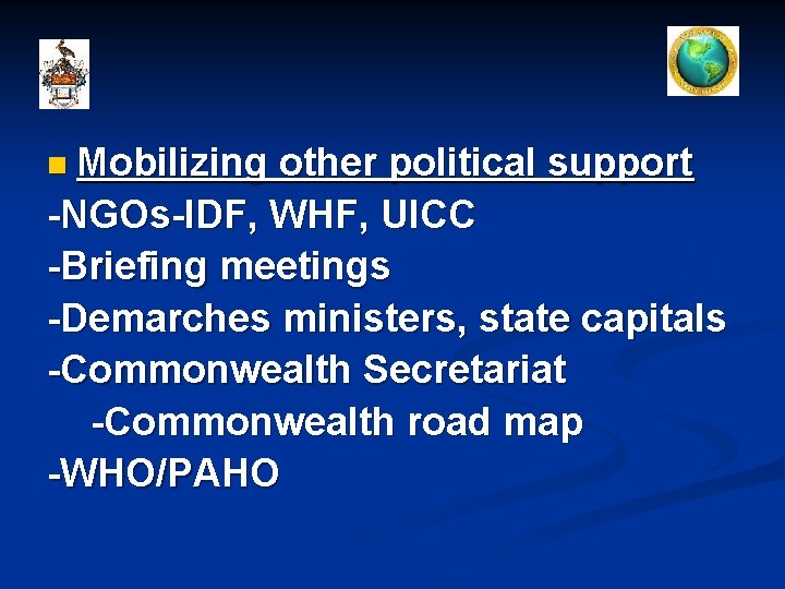 n Mobilizing other political support -NGOs-IDF, WHF, UICC -Briefing meetings -Demarches ministers, state capitals
