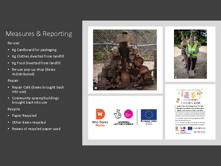 Measures & Reporting Re-use: • Kg Cardboard for packaging • Kg Clothes diverted from