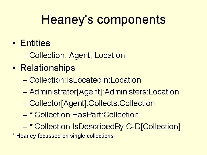 Heaney's components • Entities – Collection; Agent; Location • Relationships – Collection: Is. Located.