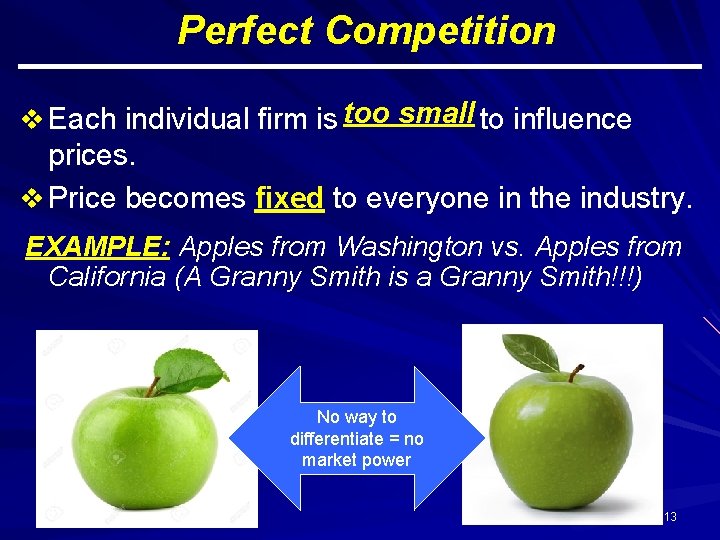 Perfect Competition v Each individual firm is too small to influence prices. v Price