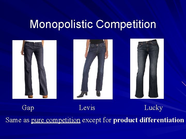 Monopolistic Competition Gap Levis Lucky Same as pure competition except for product differentiation 