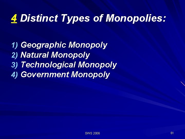 4 Distinct Types of Monopolies: 1) Geographic Monopoly 2) Natural Monopoly 3) Technological Monopoly