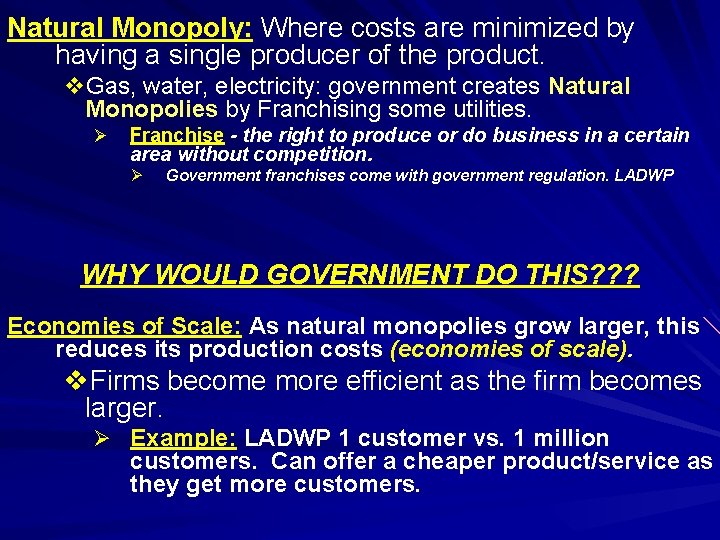 Natural Monopoly: Where costs are minimized by having a single producer of the product.