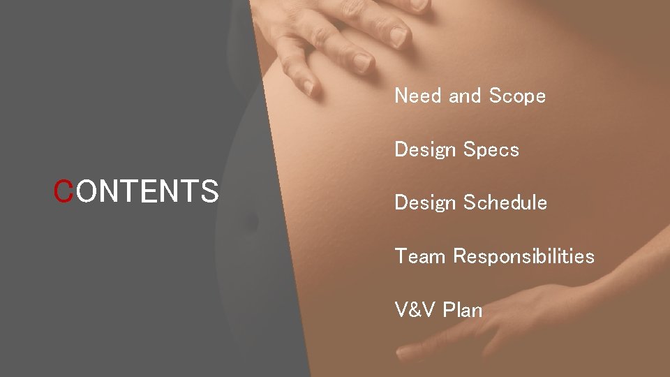 Need and Scope Design Specs CONTENTS Design Schedule Team Responsibilities V&V Plan Need and Scope Design Specs CONTENTS Design Schedule Team Responsibilities V&V Plan