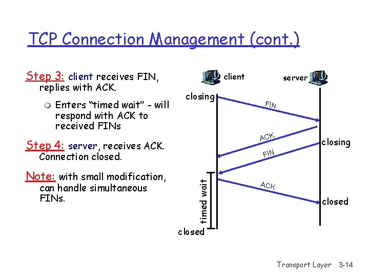 TCP Connection Management (cont. ) Step 3: client receives FIN, replies with ACK. m