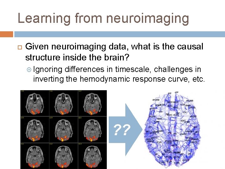 Learning from neuroimaging Given neuroimaging data, what is the causal structure inside the brain?