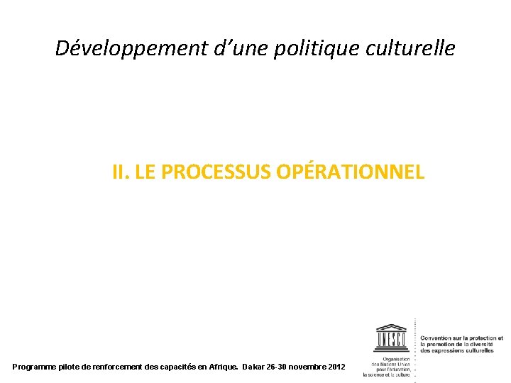 Développement d’une politique culturelle II. LE PROCESSUS OPÉRATIONNEL Programme pilote de renforcement des capacités
