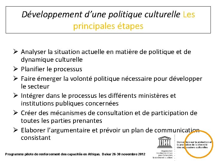 Développement d’une politique culturelle Les principales étapes Ø Analyser la situation actuelle en matière