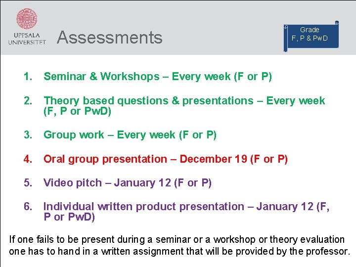 Assessments Grade F, P & Pw. D 1. Seminar & Workshops – Every week Assessments Grade F, P & Pw. D 1. Seminar & Workshops – Every week