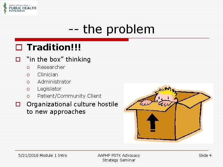-- the problem o Tradition!!! o “in the box” thinking o o o Researcher