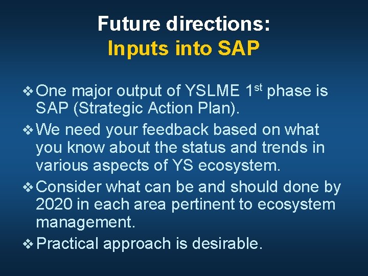 Future directions: Inputs into SAP v One major output of YSLME 1 st phase