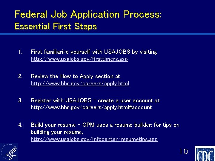 Federal Job Application Process: Essential First Steps 1. First familiarize yourself with USAJOBS by