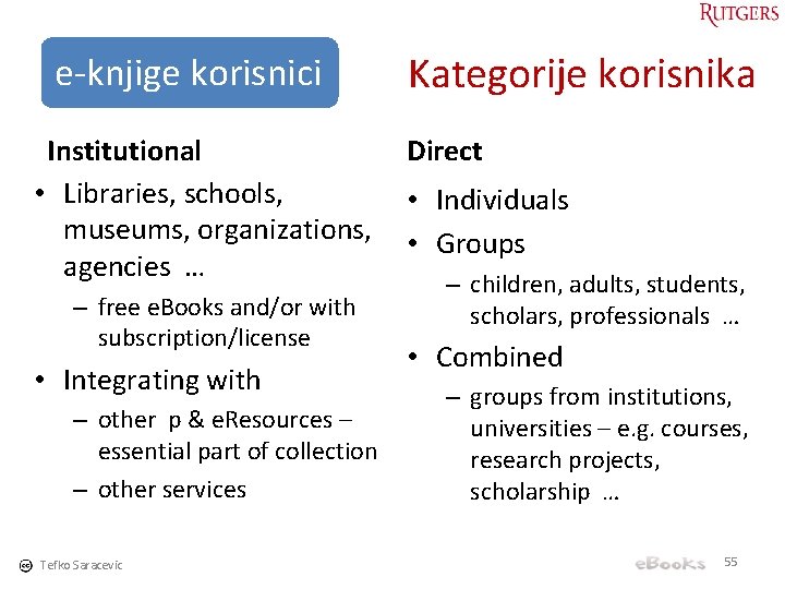 e-knjige korisnici Institutional • Libraries, schools, museums, organizations, agencies … – free e. Books