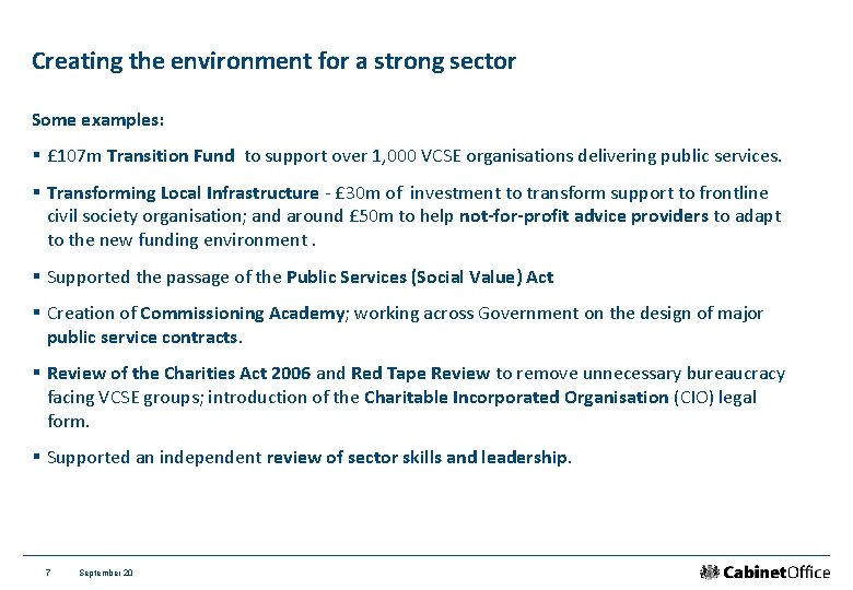 Creating the environment for a strong sector Some examples: § £ 107 m Transition