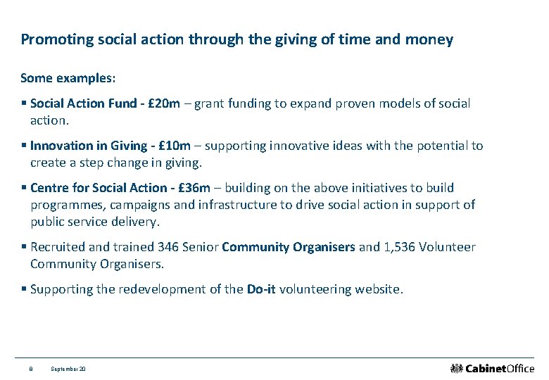 Promoting social action through the giving of time and money Some examples: § Social