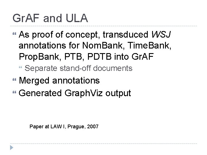 Gr. AF and ULA As proof of concept, transduced WSJ annotations for Nom. Bank,