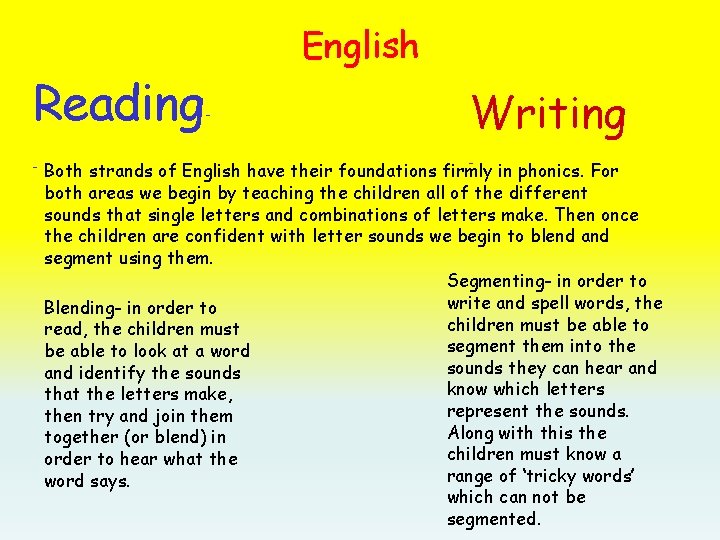 Reading- English Writing - in phonics. For - Both strands of English have their