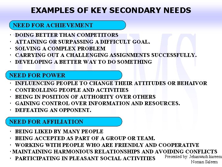 EXAMPLES OF KEY SECONDARY NEEDS NEED FOR ACHIEVEMENT DOING BETTER THAN COMPETITORS ATTAINING OR