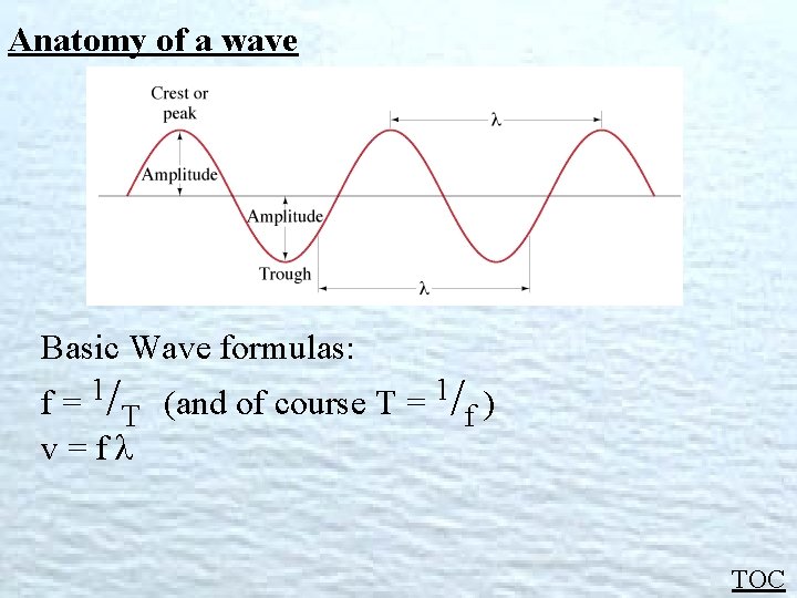 Anatomy of a wave Basic Wave formulas: f = 1/T (and of course T