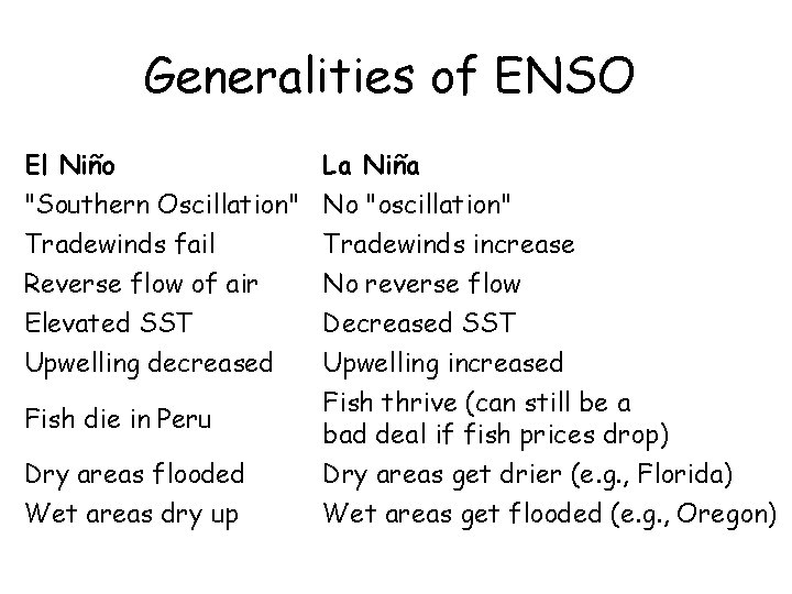 Generalities of ENSO El Niño "Southern Oscillation" Tradewinds fail Reverse flow of air Elevated